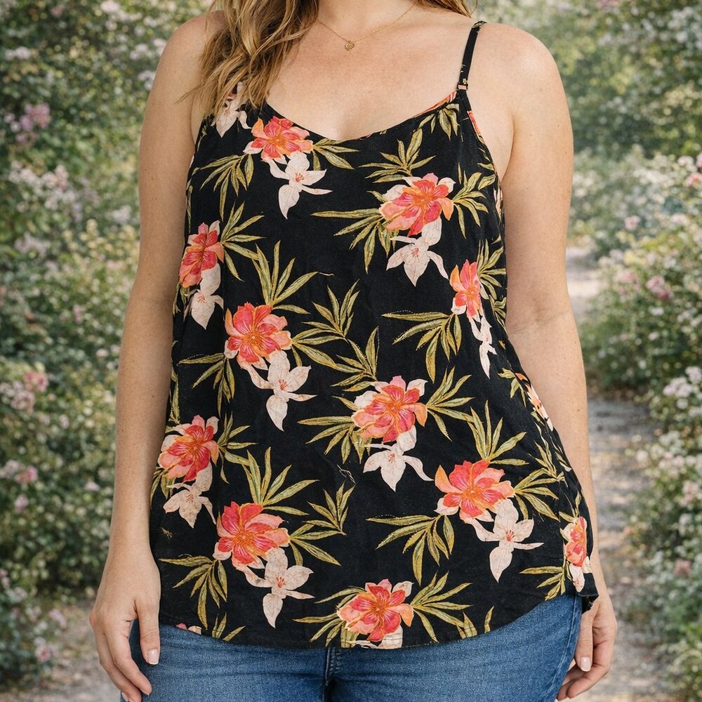 Emporio G Black Floral Sleeveless Cami Tank Top 100% Viscose Size G